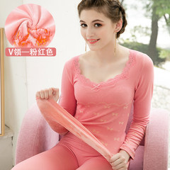 Female underwear with velvet tight body long johns suit's backing students cotton sweater Send [priority] delivery of socks V collar plus velvet suit — pink