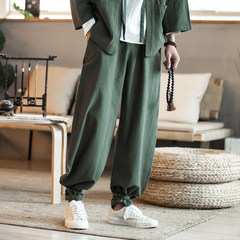 Lantern China Mens Haren wind pants pants feet wide leg pants outfit feet loose casual pants trousers size in autumn 3XL Army green