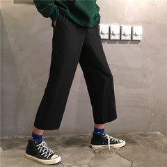 Japanese men all-match solid tide simple leisure wide leg pants for men and women section loose pants nine straight legged trousers M black