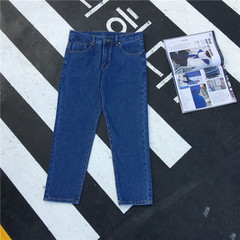 South Korea retro baggy jeans men and women all-match pure simple trendsetter Wide Leg Pants Trousers Pants nine tide S Dark blue 008-3#