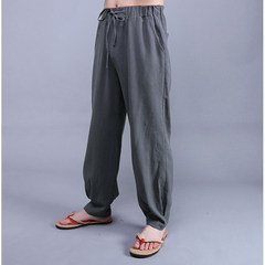 China wind spring Chinese costume male trousers linen casual pants Mens Cotton Pants Size loose wide leg pants 3XL Bluish grey