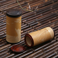 Fine bamboo tea tea barrel seal Relief Portable Travel tea box bamboo bucket tea storage box Tan roots bamboo tea]