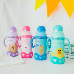 Korean cartoon children Straw thermos cup with fall proof stainless steel pot Cup Baby female kindergarten pupils Pink