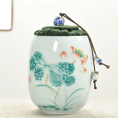 New small hand-painted celadon tea cans, cork sealing ceramic cans, mini multifunctional storage tank Style 1 rhyme lotus