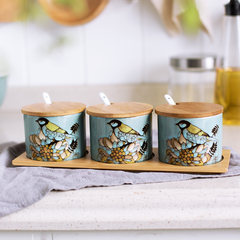 Creative hand-painted seasoning jar 3 sets of special ceramic kitchen personality bamboo lid storage storage sealed tank bottles 3 pieces of seasoned Kingfisher