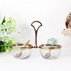 印度进口北欧简约金属底座透明玻璃双格提手调料罐创意餐桌糖盐罐