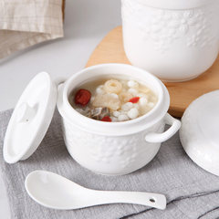 Creative ceramics bone stew size water nest stew white double cover soup spoon feeding microwave heat 2-3 large size 950ML relief stew