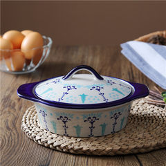 New kitchen creative foreign trade ceramic tableware, DIY baked rice bowl, bowl pot, double ears with cover soup, baking mold 7 inch large Blue lily with two ears covered with baking pan