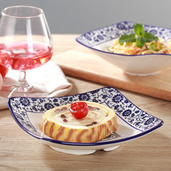 青花瓷釉下彩不规则韩式陶瓷汤碗沙拉碗水果碗甜品碗西餐碗斜口碗 8英寸四方斗碗