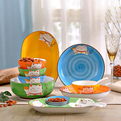 Cartoon dishes set under glaze bowl of Japanese household tableware ceramics wedding gifts housewarming gifts 17 Cat mustard green Suite