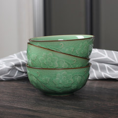 Longquan celadon tableware bowl Geyao ice crack Steamed Rice bowl creative ceramic bowl chinese household microwave oven relief Mei Ge Ziqing 4.5 inches