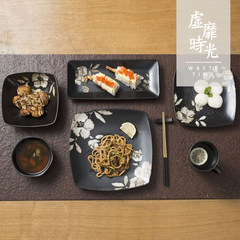 Japanese creative hand-painted ceramic tableware lotus flower pattern Western-style food disc dish salad bowl set Steamed Rice Mug 5 [five piece set]