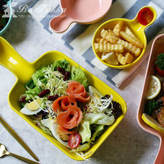 BAOZAKKA 创意水瓢形糖果色沙拉碗烤盘焗饭烤盘布丁碗酱料碟小食 （方形水瓢碗-粉色）
