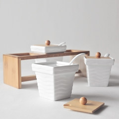 The art of Ming creative kitchen square handmade bamboo wood ceramic jar set seasoning sauce pot seasoning box white