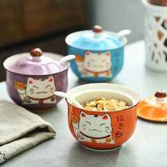 Japanese ceramic hand-painted cat seasoning and kitchen supplies creative household condiment box spice seasoning box Spice cat jar (purple)