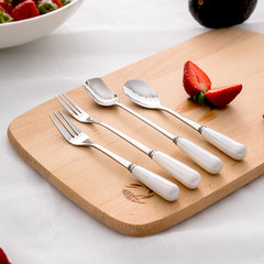 创意西餐餐具陶瓷柄不锈钢搅拌勺子套装便携 咖啡勺水果叉西餐勺 珍珠白短款叉