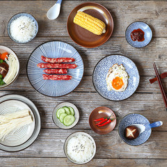 东南隅日式和风系列陶瓷餐具圆形平盘凉菜盘子家用陶瓷套装米饭碗 线条纹8寸大盘