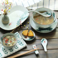 Jiangnan ink style tableware series hand-painted ceramic bowl lotus fish soup bowl dish Steamed Rice ceramic spoon Lotus leaf fish 8 inch disc