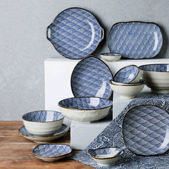 Modern Japanese housewives underglaze wavy ceramic tableware six food home dish Steamed Rice soup bowl 21 6 person suit with wavy lines