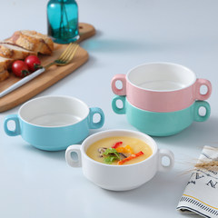 Candy color ceramic creative breakfast bowl ears soufflee baking bowl steamed egg pudding dessert bowl of stew baking mold Two ears bowl [blue]