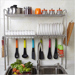 304 stainless steel kitchen shelf water draining racks kitchen storage racks storage rack bowl chopsticks rack Long 84 single layer double groove [whole set + send 6 hooks]