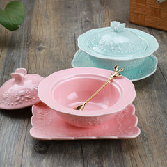 Butterfly flower color bird's nest cup, sweet candy color relief ceramic dessert bowl, covered with Tremella stew cup, can be equipped with gift box Butterfly heating base