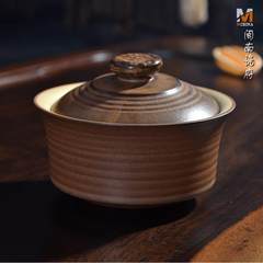Three manual ore coarse pottery bowl covered Japanese retro ancient pottery Yixing Kung Fu tea cup set three bags of mail Blue 400ml