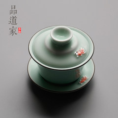 Longquan celadon bowl Kung Fu Tea Hand Sancai ceramic pot bowl goldfish tea tea cup large relief The goldfish bowl three