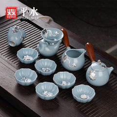 Flat ceramic inlaid silver teapot teacup tea water Ru Gong Master Cup fish cup set of Kung Fu Tea Set 10 Luk Fook - a born under a lucky star