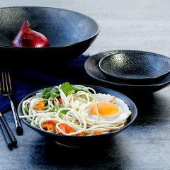 Creative Japanese ceramic tableware lines of black ceramic bowl soup bowl of South Korea and Japan Hand-Pulled Noodle soup salad bowl Medium diameter 19CM capacity 350ML