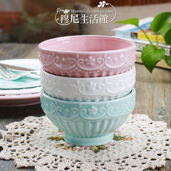 The new princess lace bowl embossed candy colored dessert bowl European breakfast new bone ceramic bowl Pink rice bowl