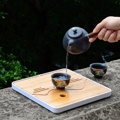 Simple Japanese Mini trumpet office tea Kung Fu tea water dry bamboo water storage type simple tea tray Black (large round 24*24*2cm)