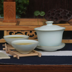 Longquan celadon tea tureen tureen large white tea bowl cup Ru tureen with cover three bowl Magenta [simple packaging] -340ML