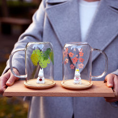 创意MOOMIN姆明 日本可爱带盖水杯 耐热无铅玻璃杯子女情侣早餐杯 绿色芭蕉/赠木盖+木勺