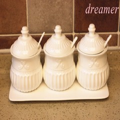 欧式创意厨房用品陶瓷调味罐调味盒调料盒调味瓶套装送勺送托包邮 双筒竹拖筷子筒