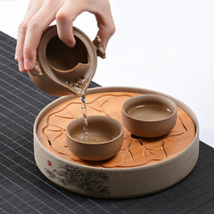 Coarse pottery small ceramic foam Taiwan round bamboo tea tray stem water storage tray two cup a pot of Kung Fu tea set combination Lotus leaf Shuanglong suit