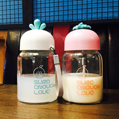Cute cartoon small portable bottle cover glass tea cup with students' creative office girls cup White + cup brush