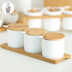 Zi Lan Home Furnishing original ceramic seasoning jar set with cover the creative Japanese bamboo kitchen table seasoning box Benches and cans