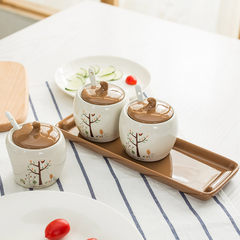 Japanese shipping ceramic creative kitchen salt seasoning cans seasoning bottle sugar chili pot storage tank with cover with chassis Coffee tree