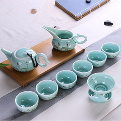 Handmade hand-painted celadon lotus set of ceramic Gongfu tea cup, blue and white porcelain, ceramic teapot, teacup Celadon hand painted tea set (landscape) large teapot