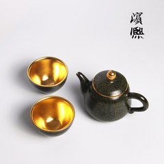 台湾茶末釉陶瓷建盏24K鎏金茶盏茶壶茶具套装一壶二杯黄金盏茶碗 茶末釉杯