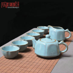 The origin of Guo Liujiang porcelain tea six square Teapot Set Ru ice crack azure glaze teacups 8 Take to send tea set