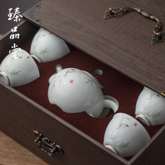 Zen style white porcelain pot four cup set ceramic tea set with white fat Kung Fu Tea high-end gift box 6 Fat white pot, 4 cups gift box