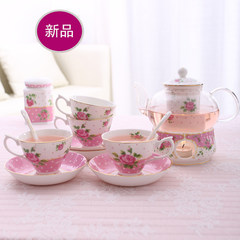 Elegant drink, home tea pot, tea set, glass field heating, fruit teapot, European style ceramic teapot (pink wave point) 1 pots, 1 bases, 2 cups, 2 dishes, 2 spoons