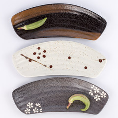 Japanese sushi sashimi long curved ceramic flat plate dish barbecue barbecue restaurant Korean dishes Black cherry blossoms