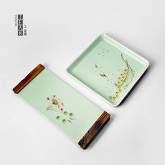 Hand-painted celadon dry foam disc square small tea table in the tea tea tea ceremony ceramic Kung Fu tea tray Square money (Lotus)
