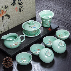 Celadon ceramic kungfu tea set, celadon 6 person tea set, teapot, tea cup, home gift ware Hand painted lotus suit (with)