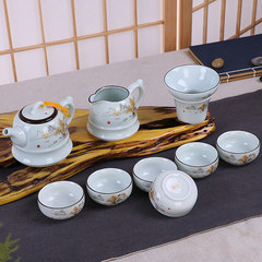 Dehua ceramic porcelain tea set of Kung Fu tea set tureen tea cup special offer gift package mail Celadon tea set (Qing Lotus) 10 skull bowl