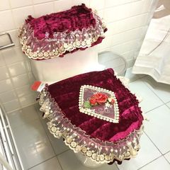 The high-grade velvet lace three piece toilet toilet toilet toilet toilet toilet seat cushion cover red Claret