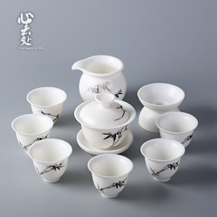 曾逸腾大师德化代表白瓷功夫茶具套装 纯手工绘羊脂玉瓷收藏送礼 10件 墨竹盖碗礼盒套装